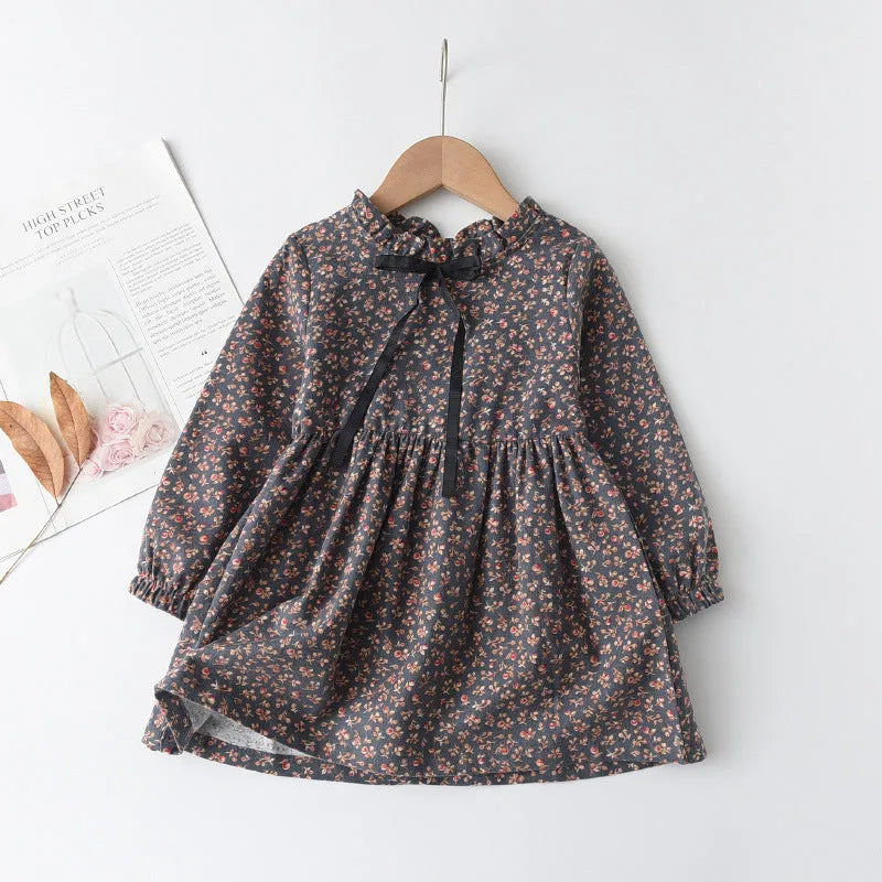 Girls' floral cotton long sleeve princess dress with ribbon bowknot in pink, gray, green or gold, sizes 90cm to 150cm.