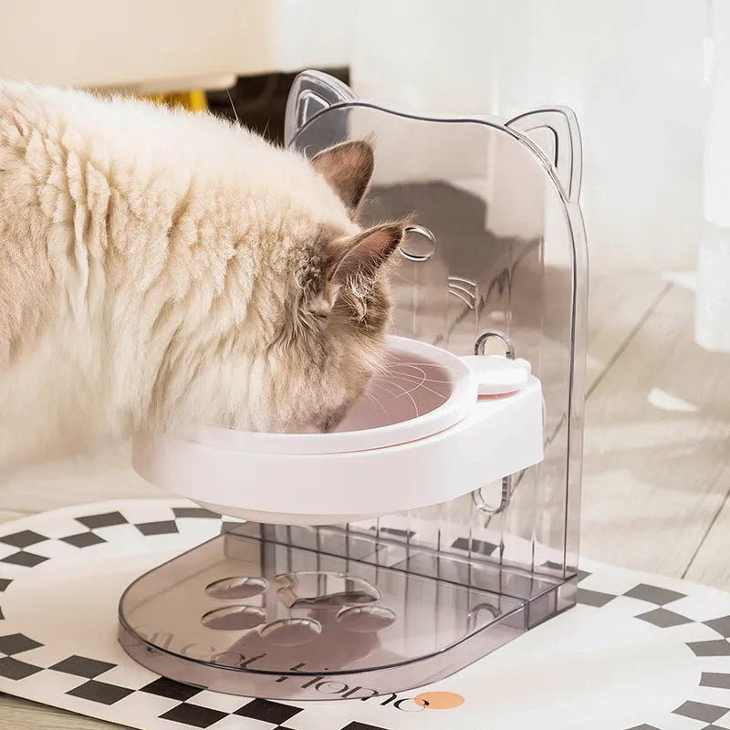 Grey cat feeding bowl with anti-spill design and removable cat ears for neck protection
