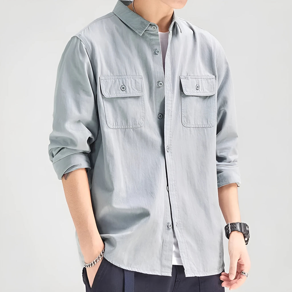 Men's loose long sleeve overalls cardigan shirt in polyester, shown in light grey colour.