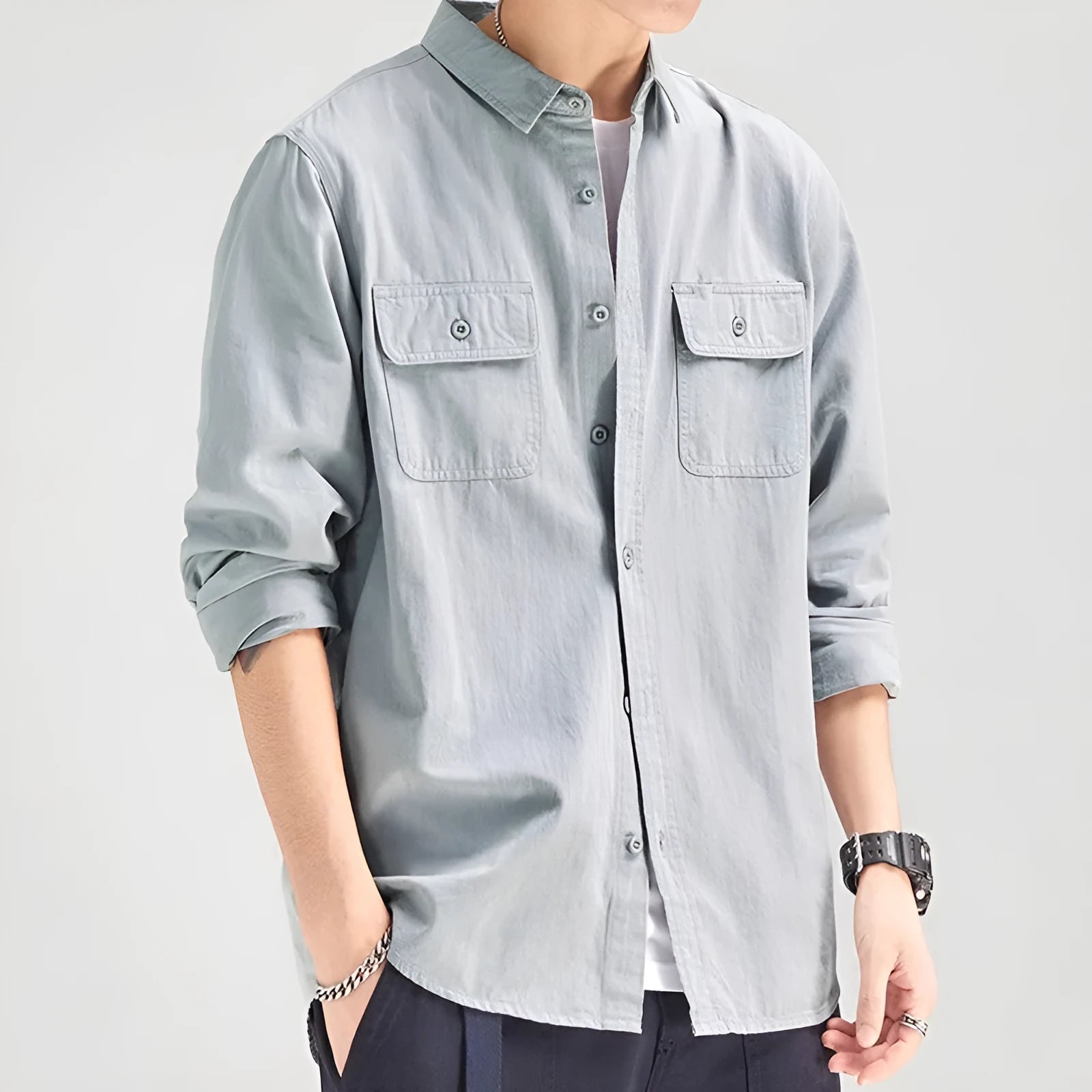 Men's loose long sleeve overalls cardigan shirt in polyester, shown in light grey colour.