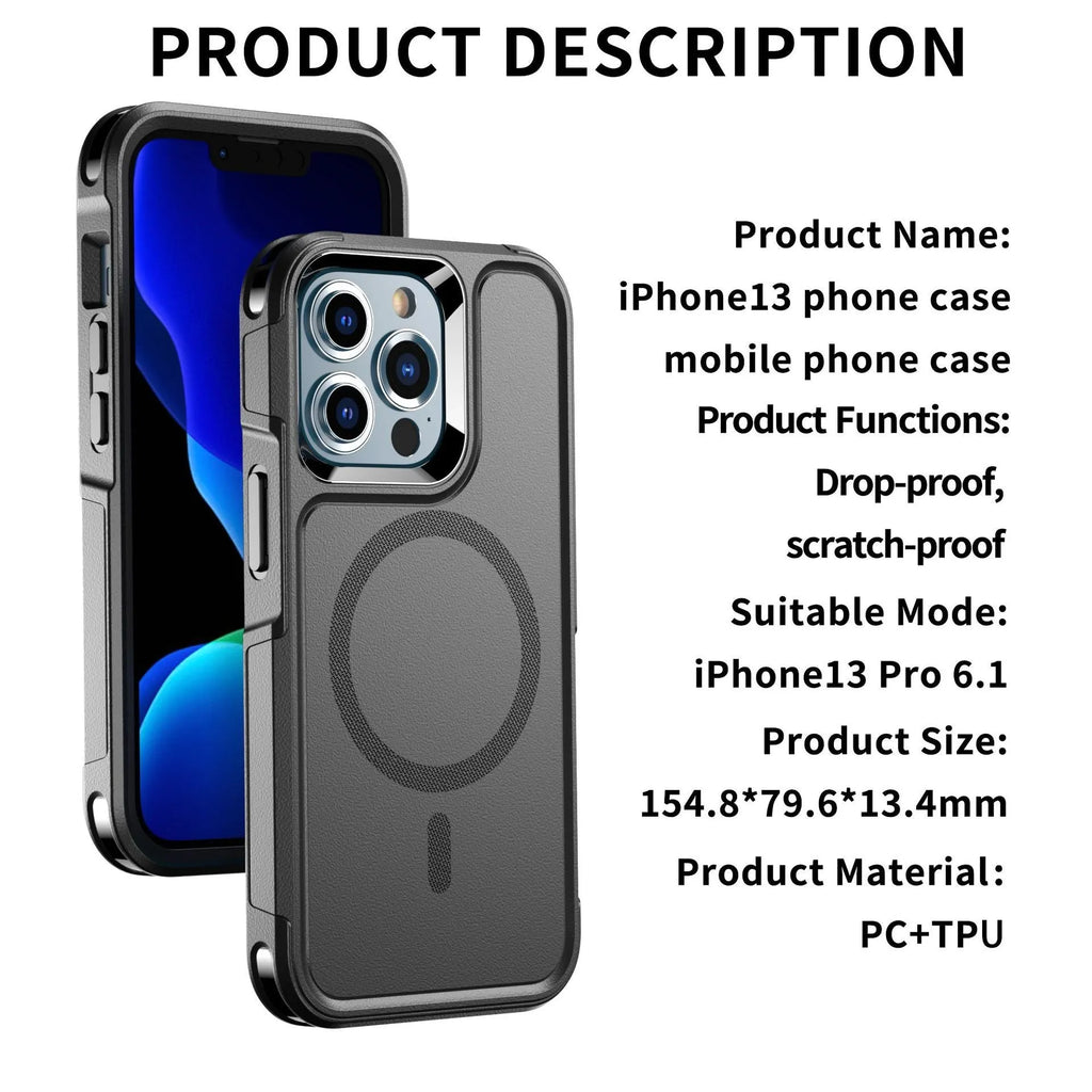 Black shatterproof magnetic phone case for iPhone 12 and 13 series with PC+TPU construction