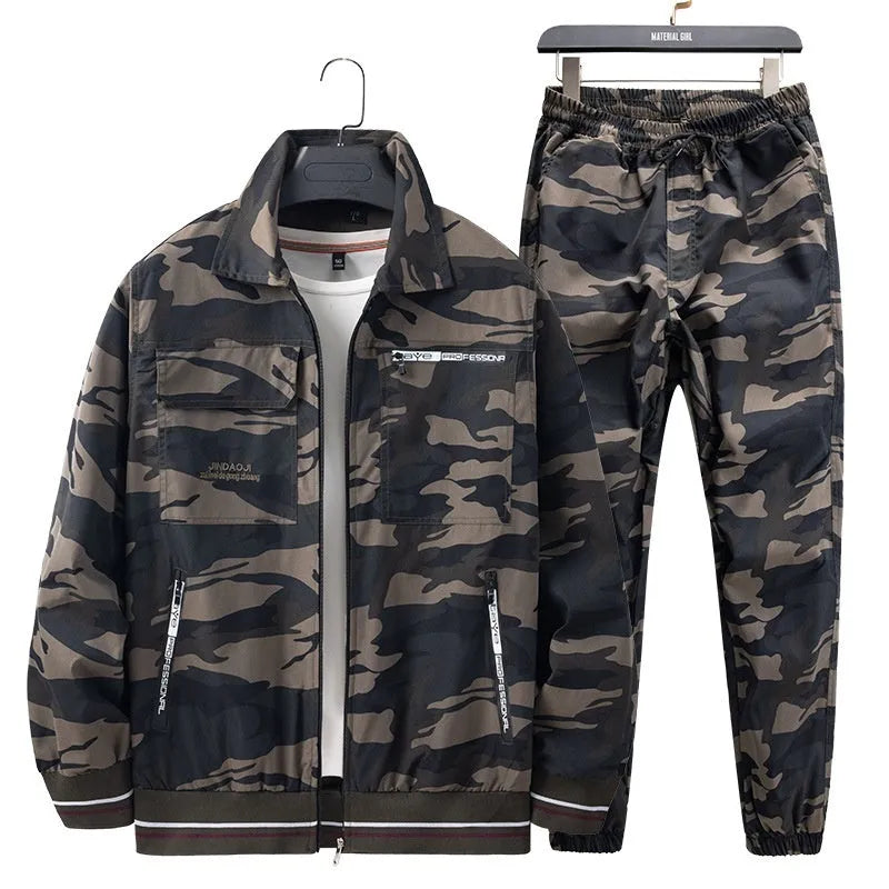 Men's camouflage cargo pants suit in Army Green with top and pants, lightweight polyester workwear