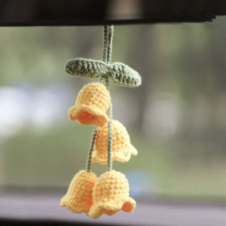 Green and white knitted car plant ornament with 8cm basin base and hanging rope for vehicle interiors