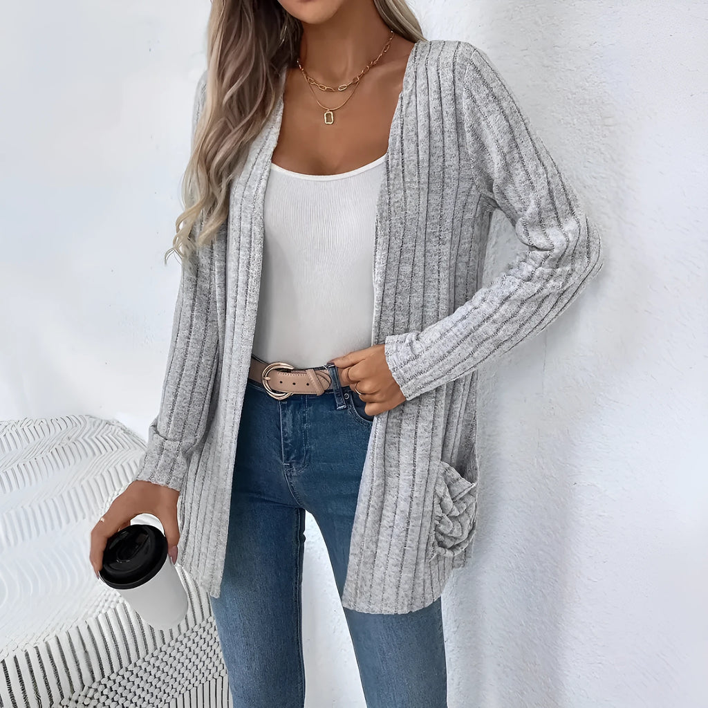 Solid colour long sleeve cardigan knitwear with front pockets in loose fit, available in black and granny grey