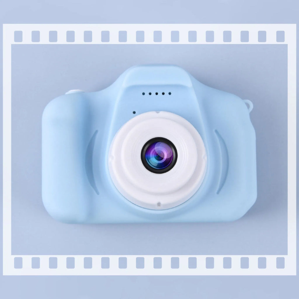 Children's digital camera toy in blue with photo, video, and sticker modes