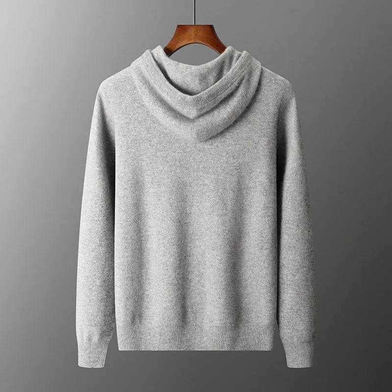 Men's light gray cashmere blend hoodie and matching long pants set on a hanger.