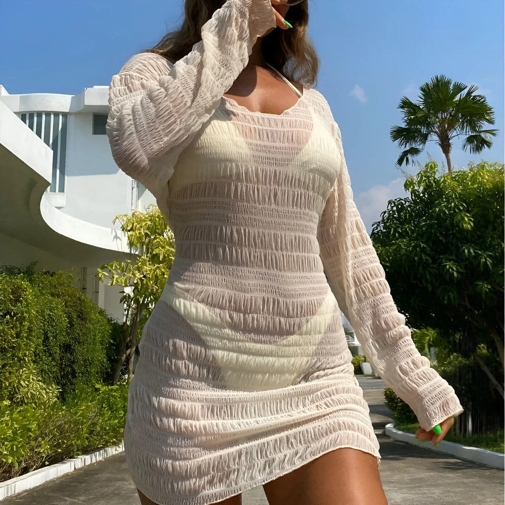 Women's long sleeve halter bikini set three-piece solid colour apricot polyester for swimming