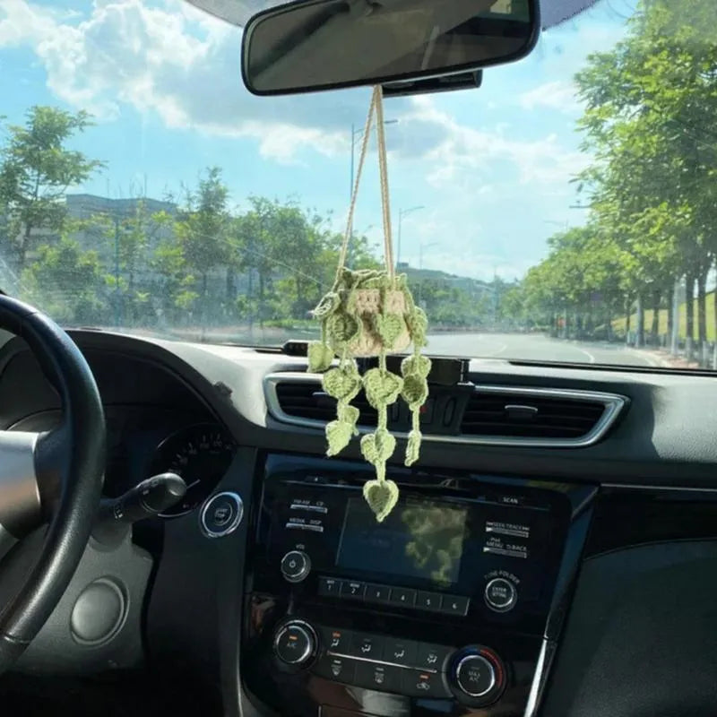 Green and white knitted car plant ornament with 8cm basin base and hanging rope for vehicle interiors