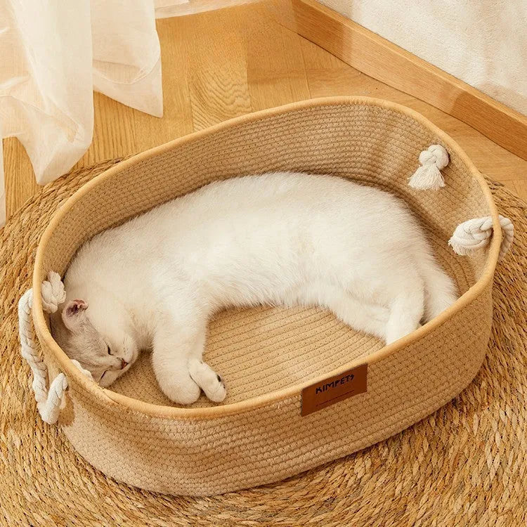 Woven cotton and linen cat nest basket, four seasons universal, medium or large, usable as cat scratch board