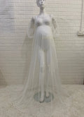 White dot mesh off-shoulder puff sleeve maternity dress with long skirt