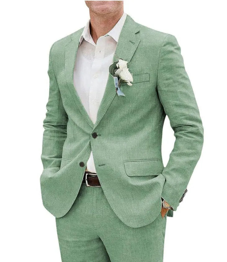 Men's linen blend two-piece suit in beige slim fit jacket and trousers