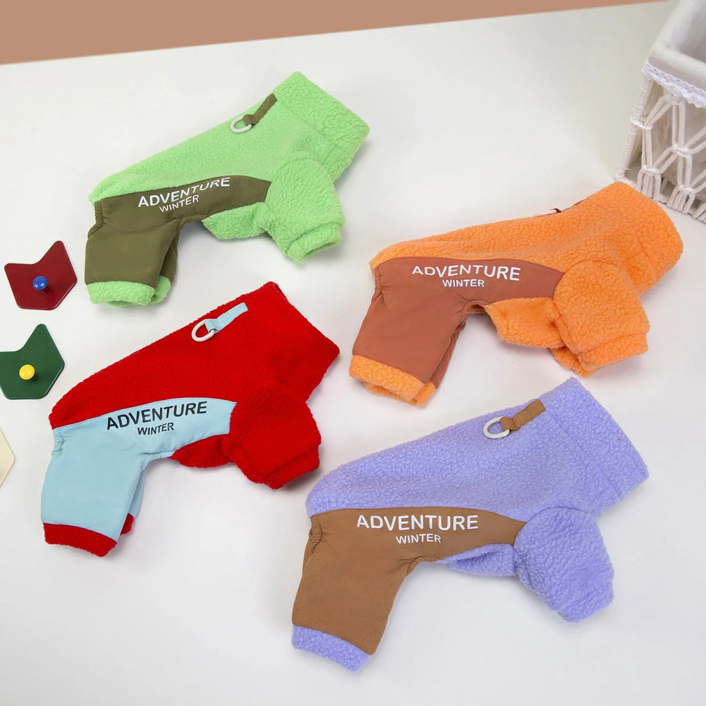 Dog four-legged thickened cold-proof pet clothes in polyester, available in green purple orange red, sizes S to 2XL