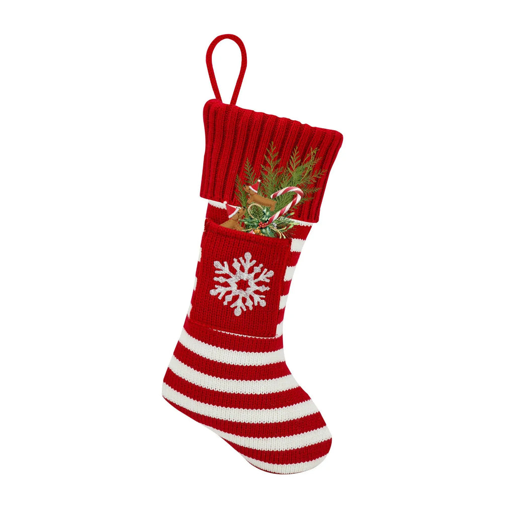 Knitted Christmas cat and dog socks gift bag in red dog's paw colour, with festive knit pattern