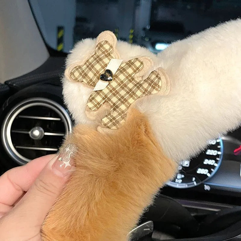 Plush steering wheel cover with cute cartoon panda ears in milk tea white for 38cm diameter steering wheels