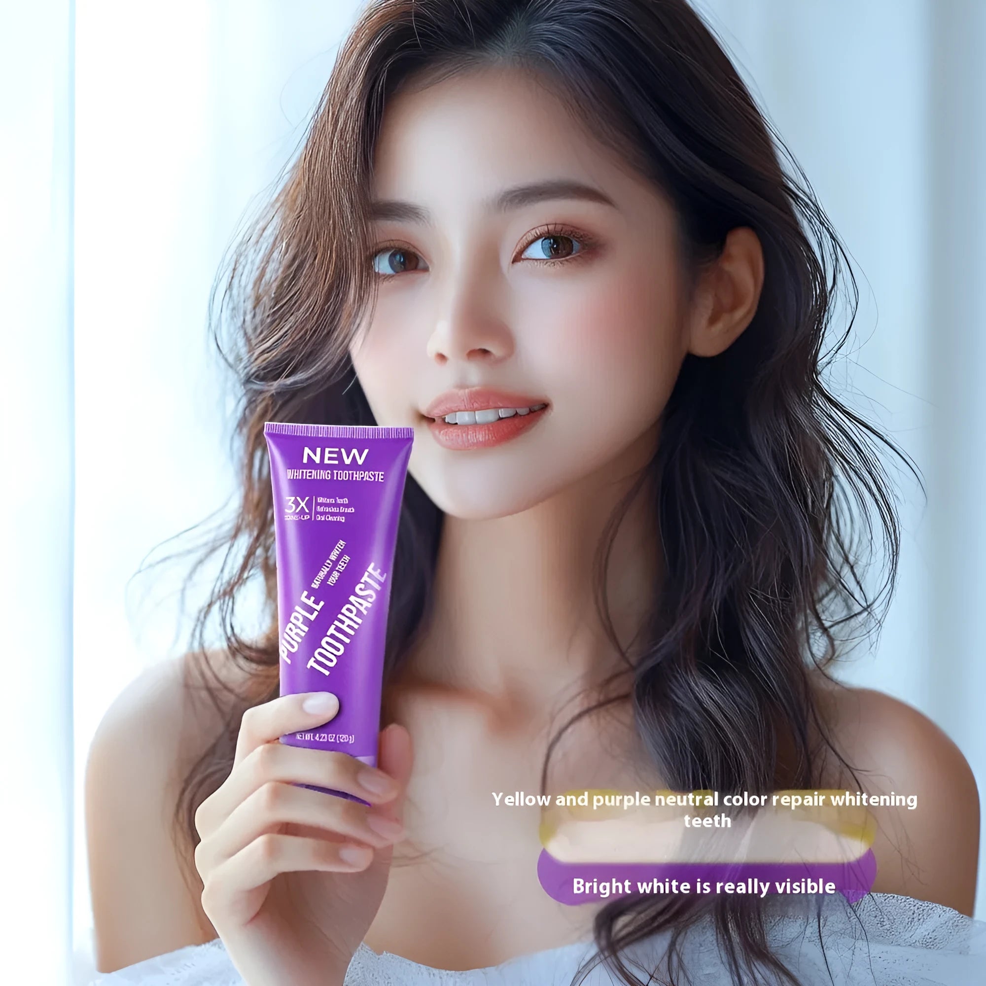 Purple whitening toothpaste tube for adults in 120g and 65g sizes with fluoride formula