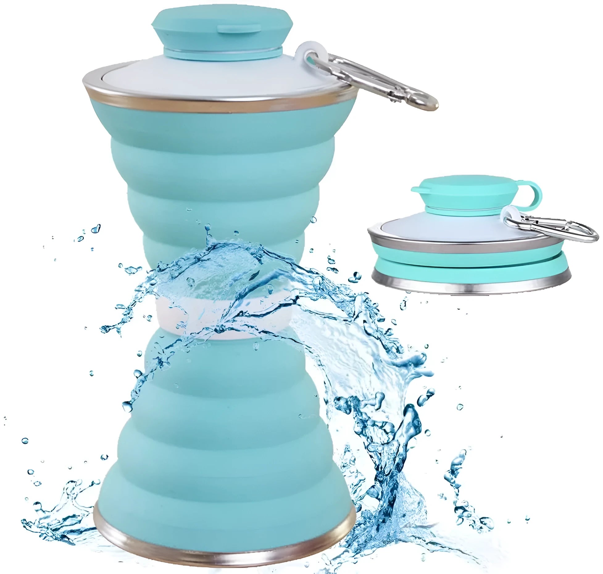 500ml silicone collapsible water bottle cup shown both expanded and folded with stainless steel rim