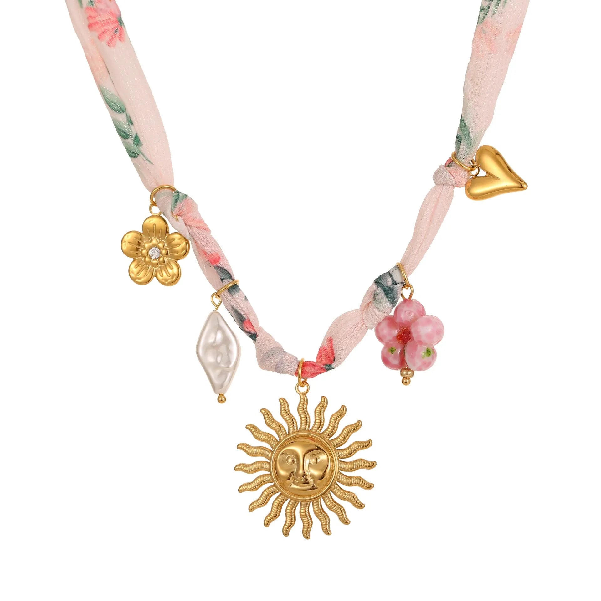 Gold plated stainless steel necklace with sun pendant on 41-50cm chain, heart pendant alternative shown