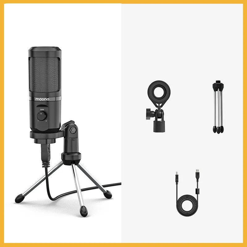 Black USB studio microphone on tripod with shock mount and 150cm cable for desktop recording