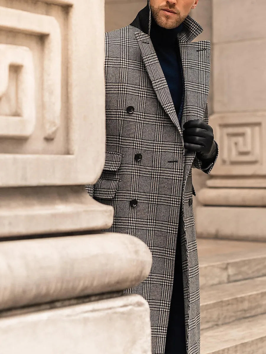 Grey checked 100% wool double breasted overcoat with suit collar and horn clasp, front view on mannequin