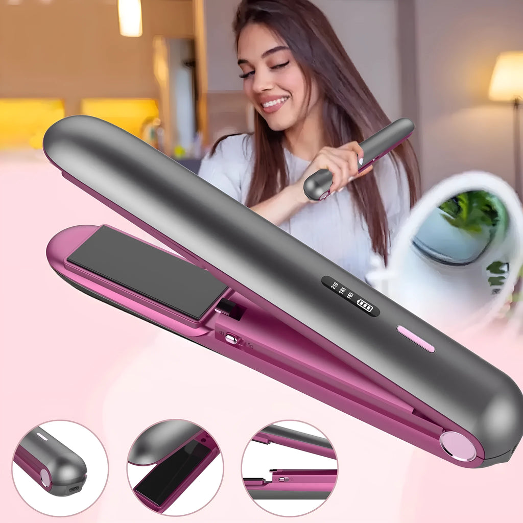 Moon shadow grey wireless hair straightener with ceramic plates and temperature dial.