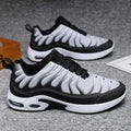 Colour-blocked lace-up sneakers for men with breathable fabric upper, rubber sole, and air cushion support in black and grey