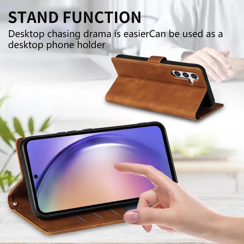 Samsung wallet card flip leather phone case in black with magnetic flap and kickstand bracket