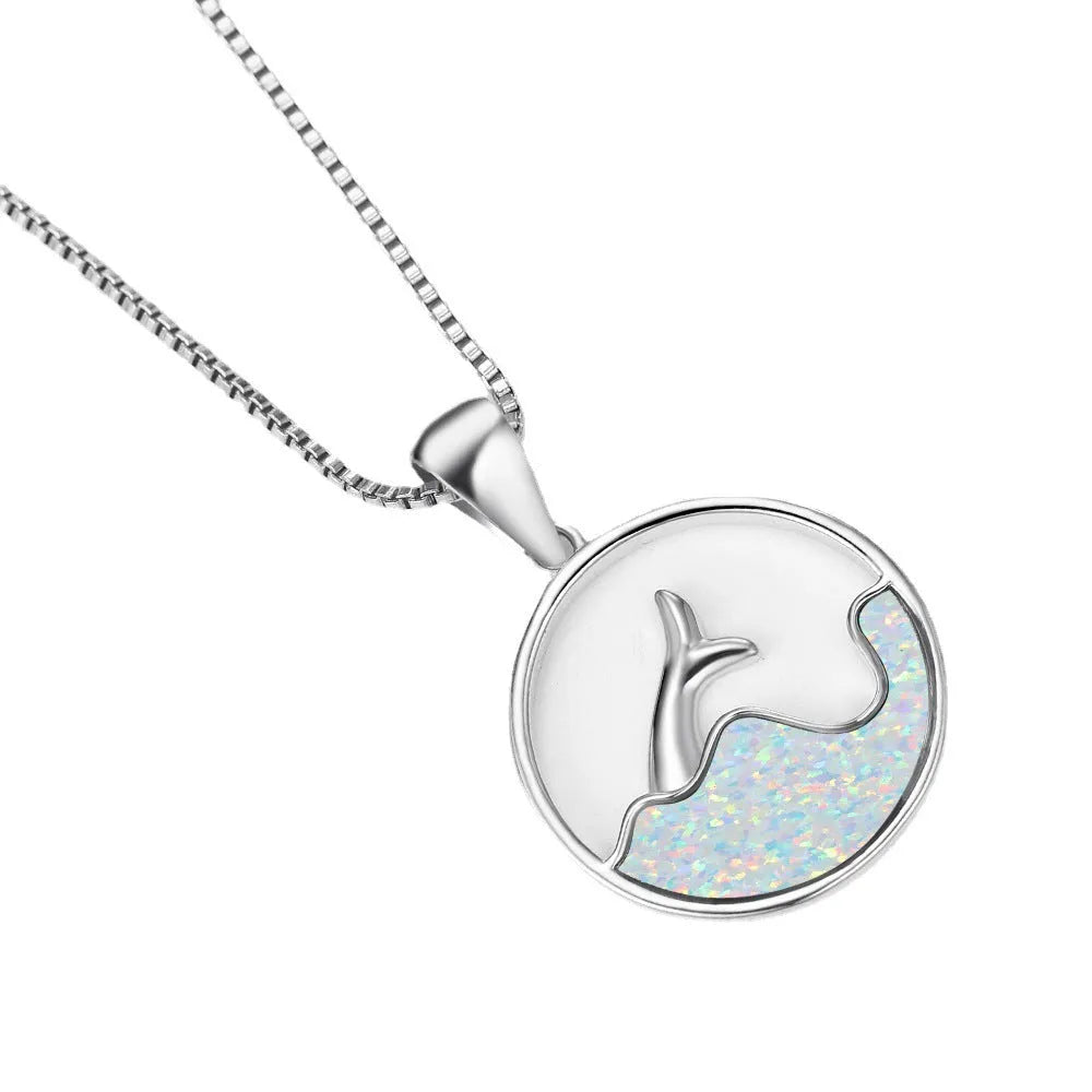 White gold round blue opal sea fishtail geometric pendant necklace on a 40 cm chain