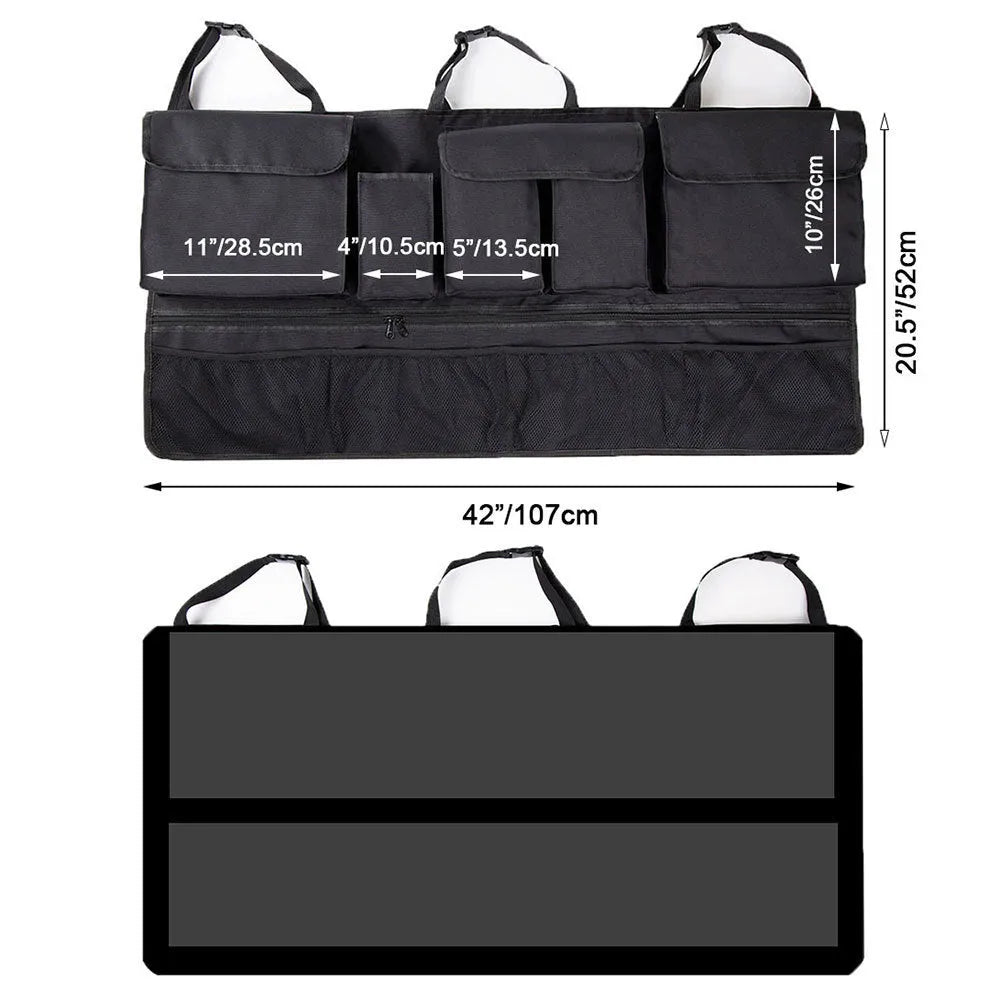 Car trunk hanging storage shopping bag in black with red piping, showing Oxford cloth construction and reinforced handle