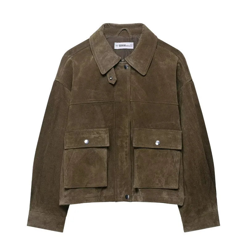 Women's medium thickness PU leather jacket in regular fit with Japanese Korean casual styling