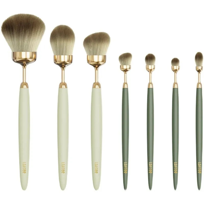 BA 7-piece makeup brush set with beech wood handles and soft bristles on a clean surface