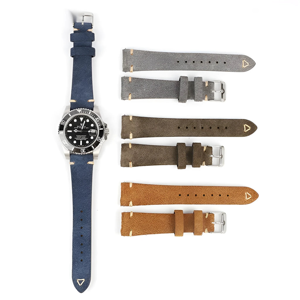 Suede genuine leather watch strap in brown, blue, grey and Army Green colours showing ethnic style detail.