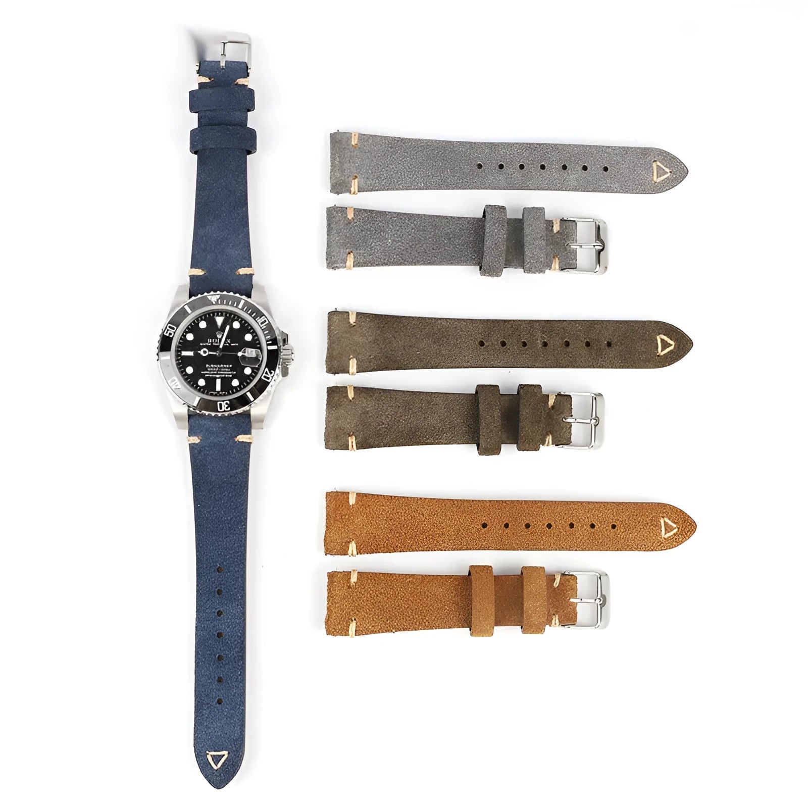 Suede genuine leather watch strap in brown, blue, grey and Army Green colours showing ethnic style detail.