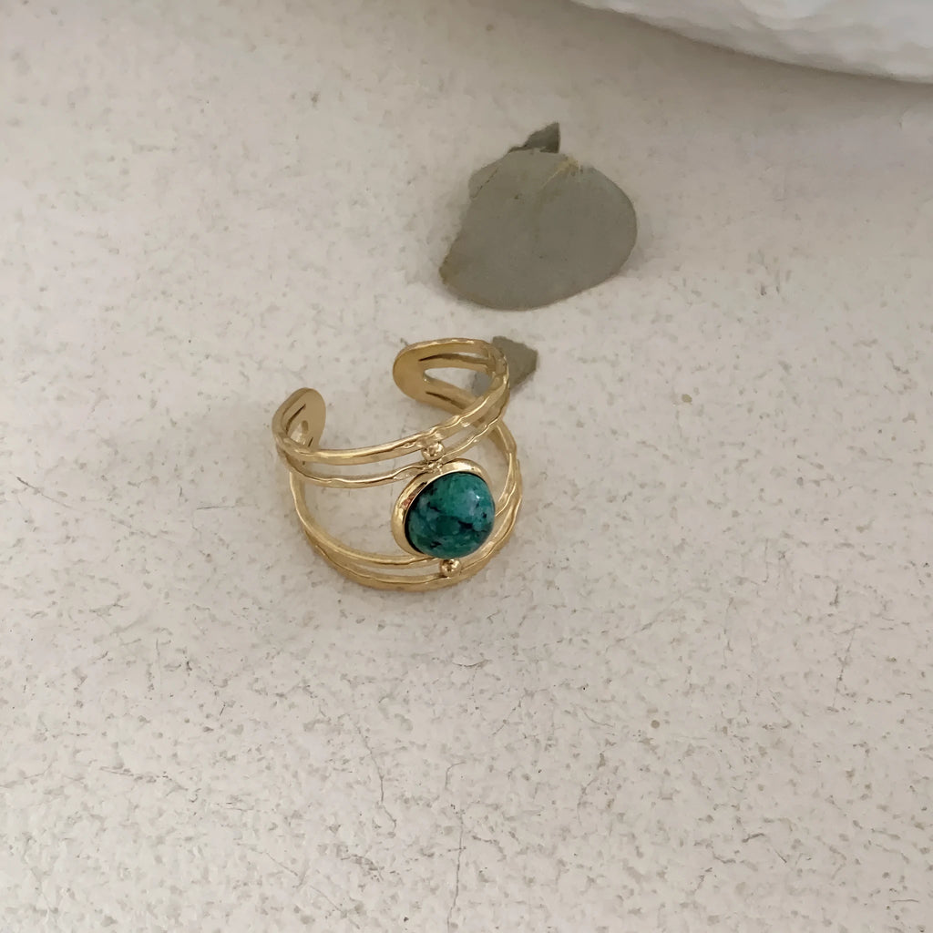 Titanium steel and natural stone open ring with geometric design in JZ0379 green colour