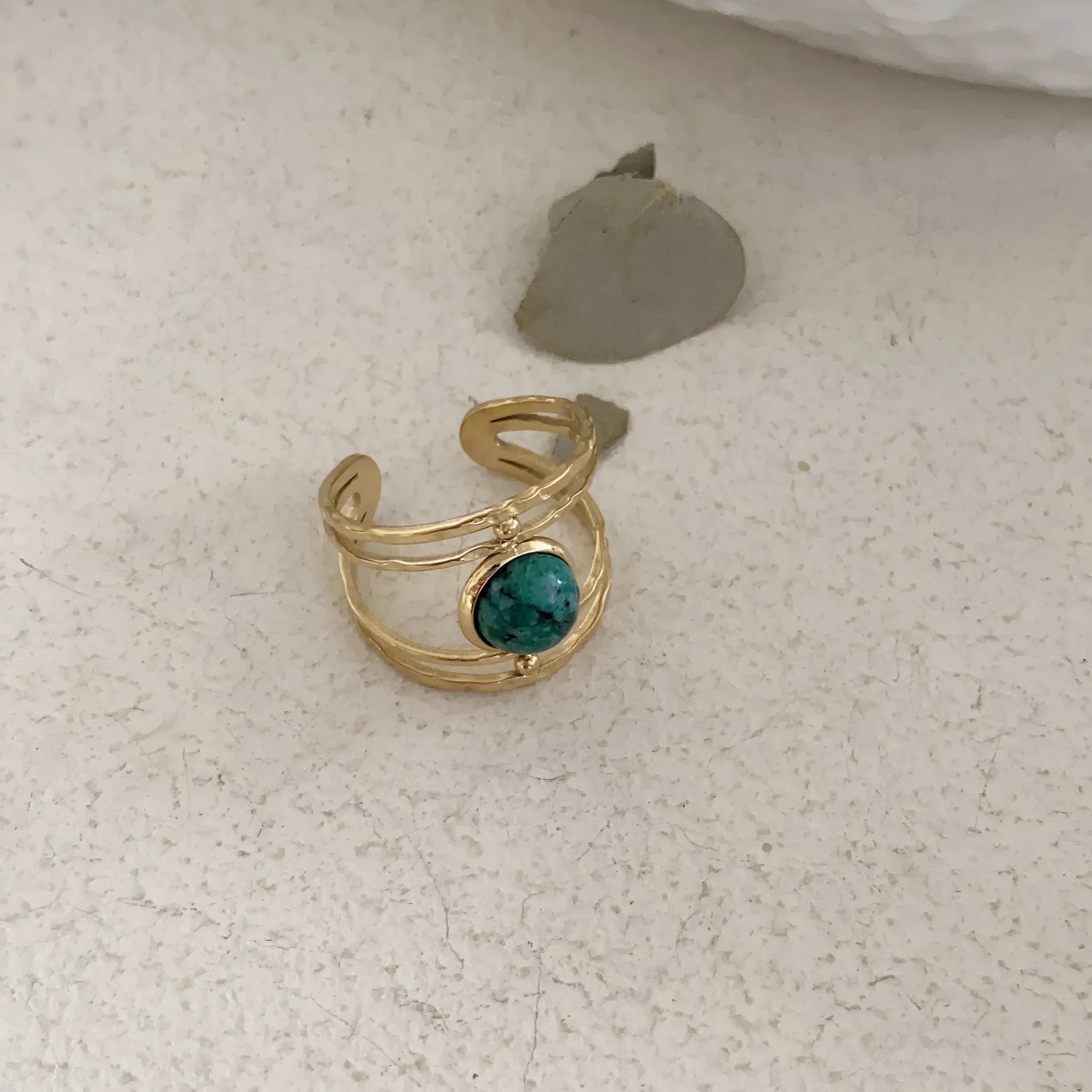 Titanium steel and natural stone open ring with geometric design in JZ0379 green colour