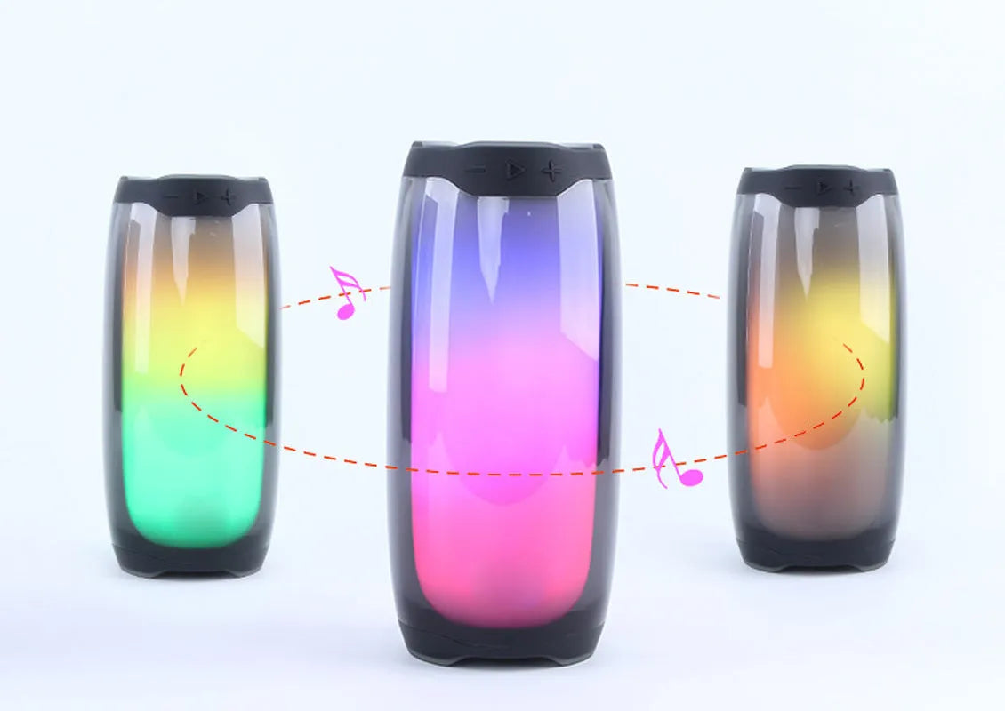 Bluetooth speaker with colourful light effects, subwoofer, and plastic shell, 96x96x210mm