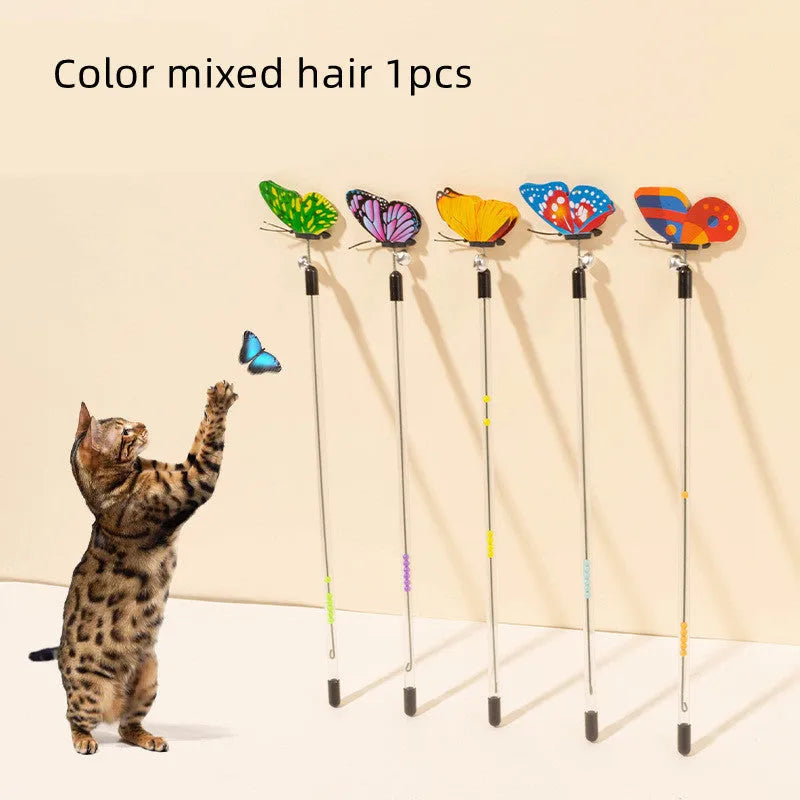 Retractable cat teasing stick with spring butterfly attachment in mixed hair colours, full length 30-50cm on a light background