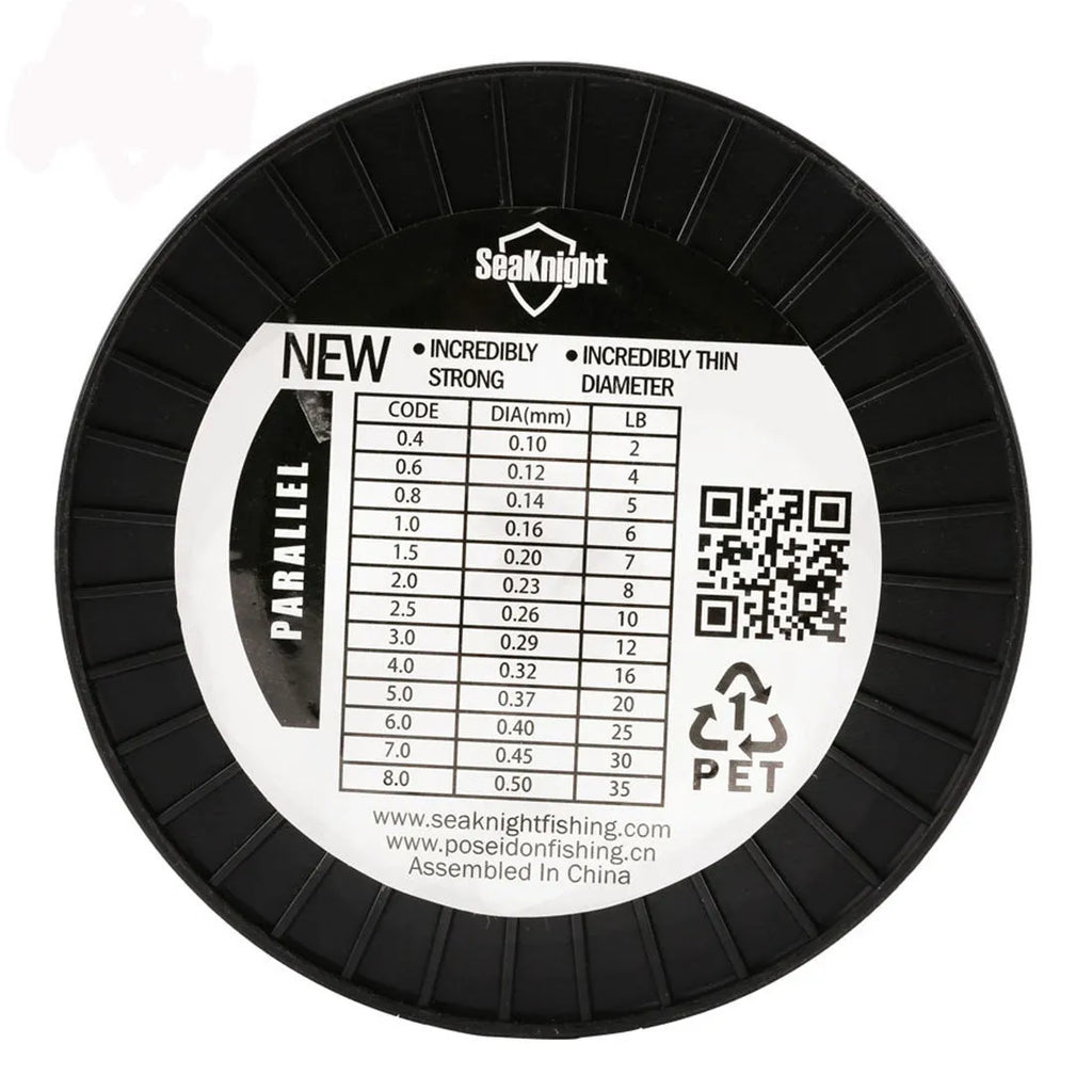 Seaknight 1000 M nylon fishing line spool in black, blue, green, or white, showing available sizes from 0.4 to 8.0.