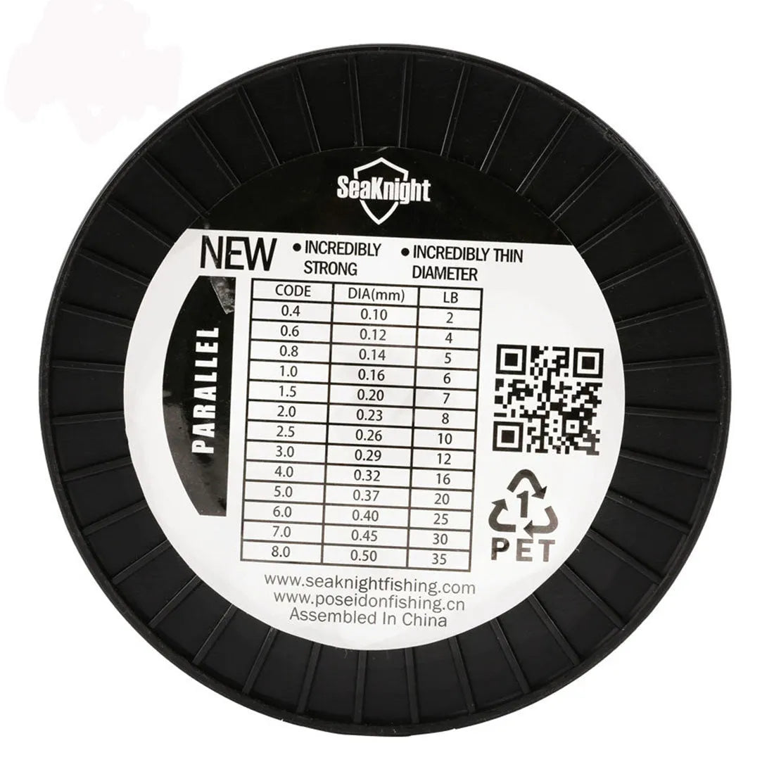 Seaknight 1000 M nylon fishing line spool in black, blue, green, or white, showing available sizes from 0.4 to 8.0.