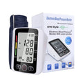 Automatic arm blood pressure monitor with large screen display on a table.