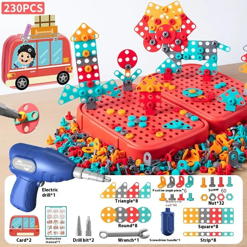Children screw puzzle toy with electric drill and toolbox set, 230 pieces, astronaut theme, plastic
