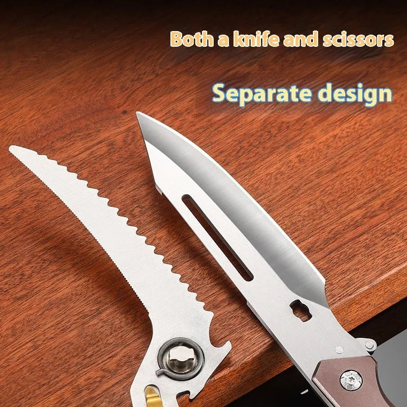 Pair of brown and silver multi-functional chicken bone scissors with high carbon steel blades, size 25 x 6.2cm
