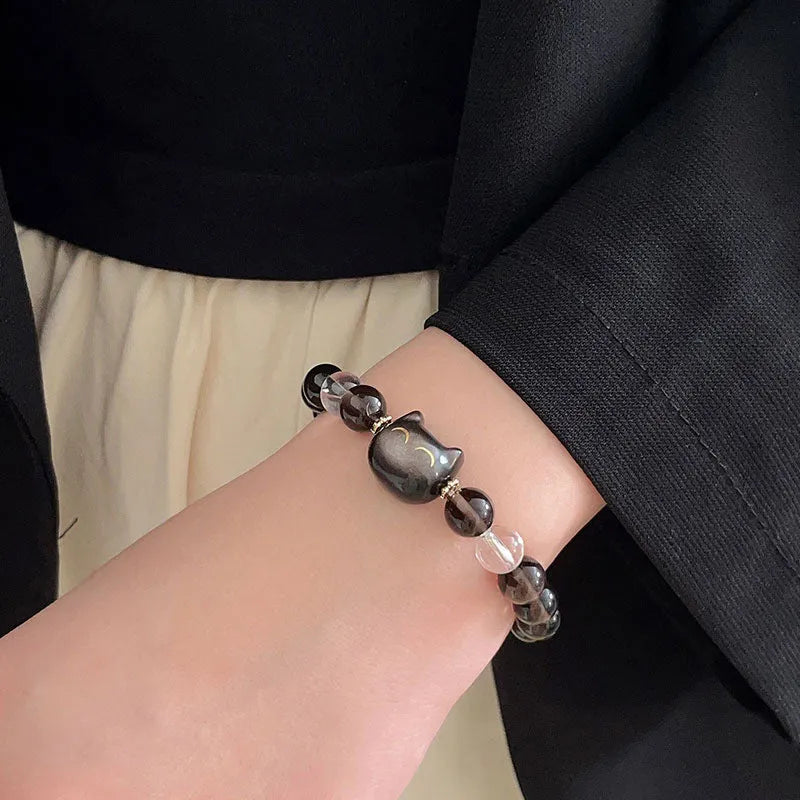 Women's silver stone cat head bracelet with 8mm ice stone beads and adjustable design