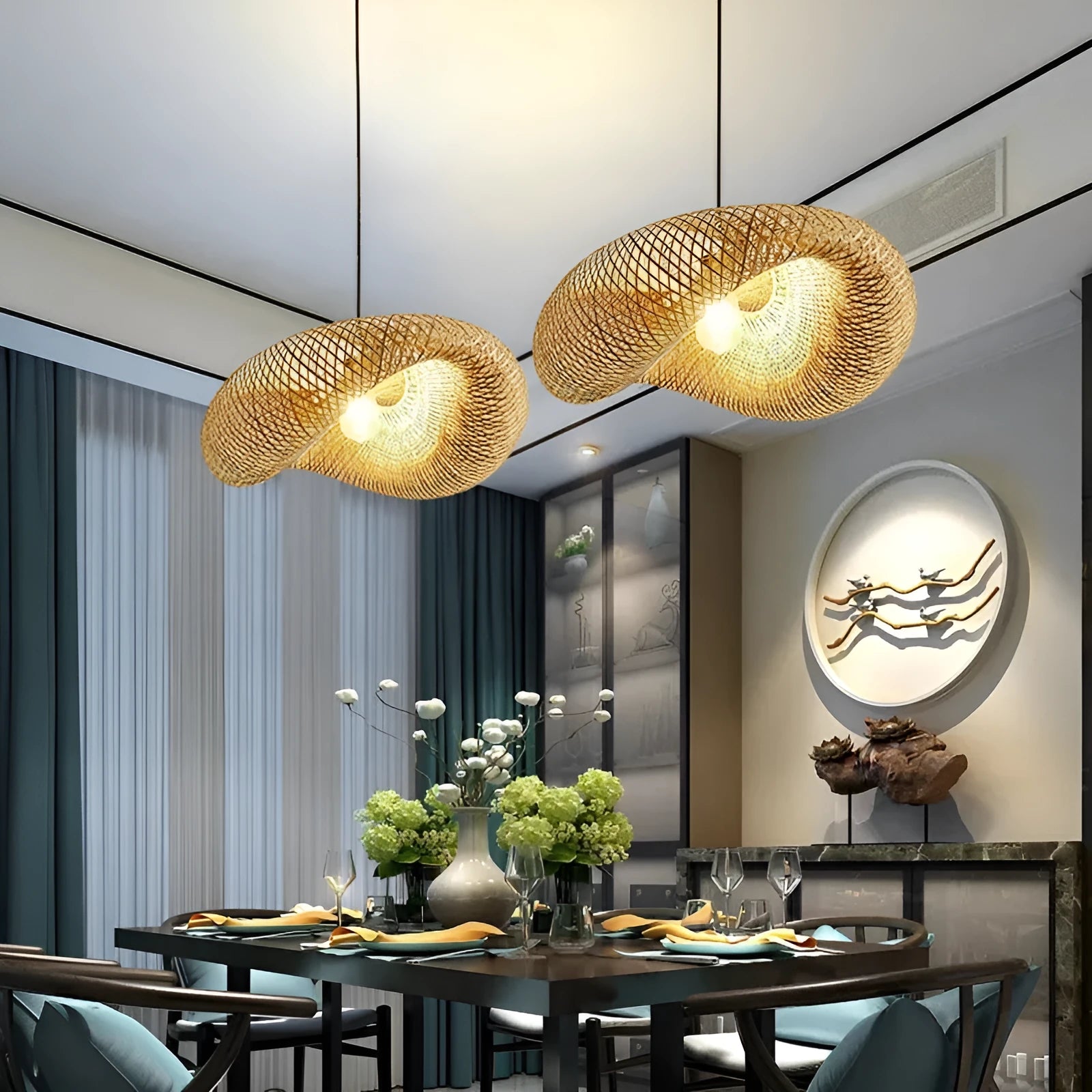 Woven bamboo straw hat-shaped hanging chandelier lamp showing natural texture and circular form