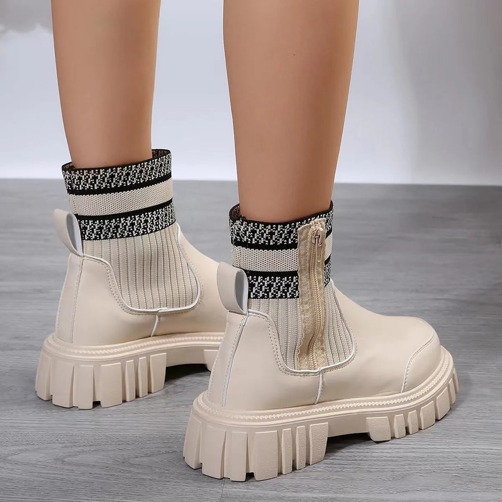 Women's mid-tube Martin boots with side zipper, elastic knitted patchwork, and non-slip rubber sole in beige, black, or brown.