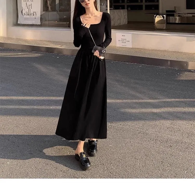 Women's black square collar knitted A-line dress with elastic waist and long sleeves