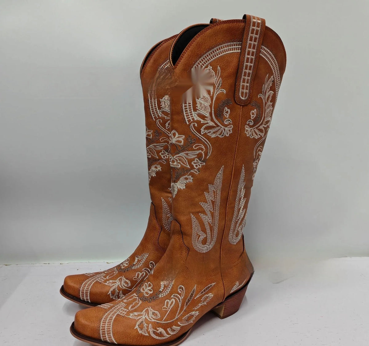 Embroidered rhinestone high-top boots with side zipper and mid heel in beige