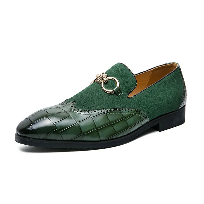 Men's black pointed toe leather casual shoes with low top and stitching detail.