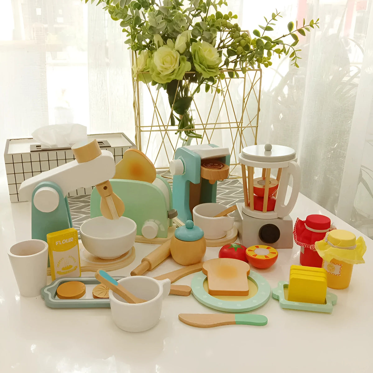 Wooden children play house toy set with Maca Dragon coloured bread maker, coffee maker, and juicer