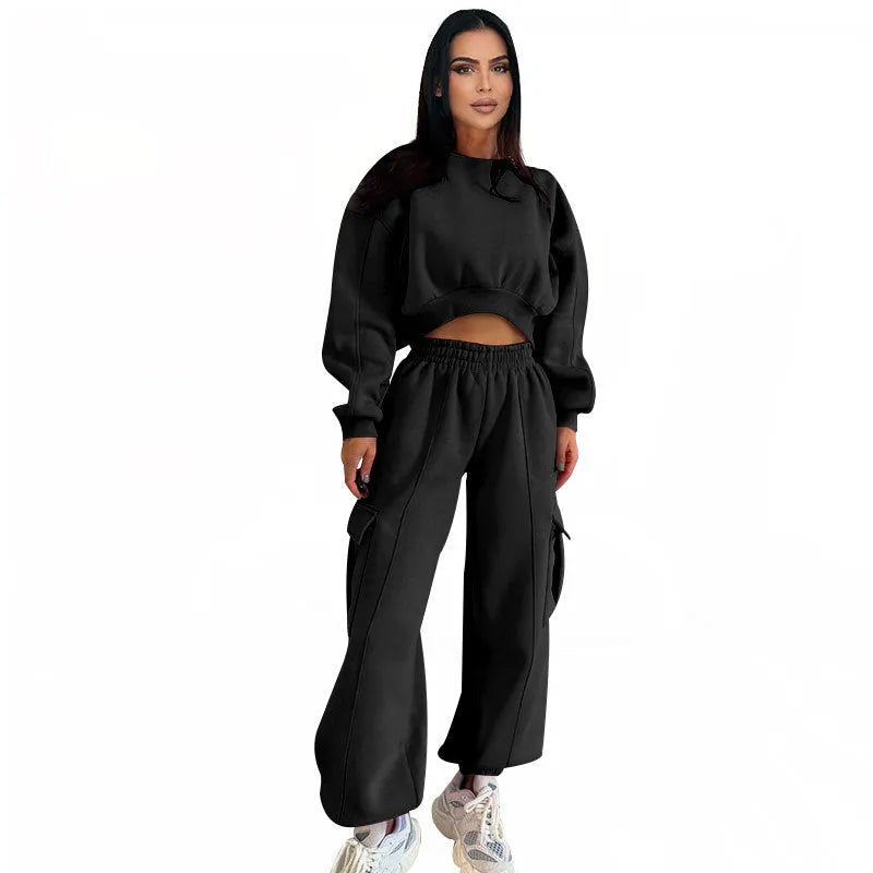 Women's casual round neck high waist sweatpants suit in solid colour with pocket, polyester fibre