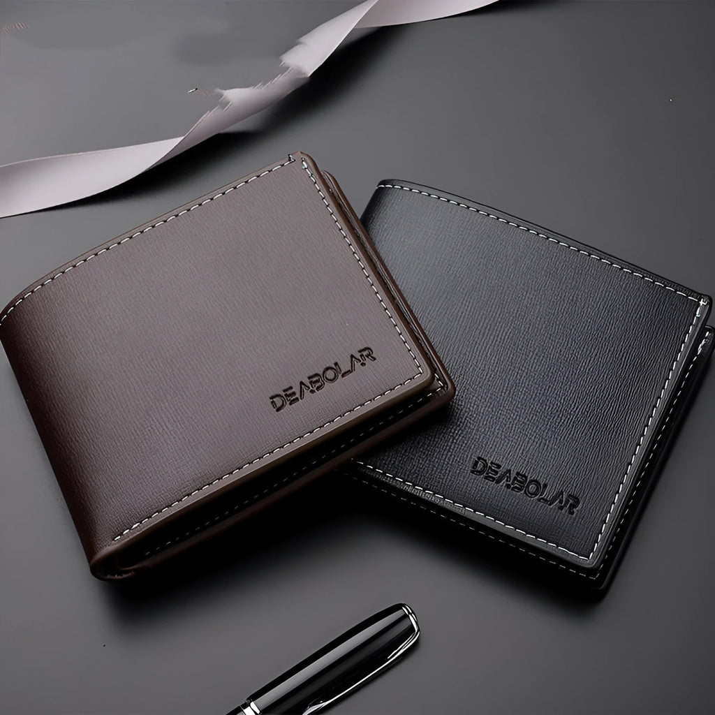 Men's PU leather two-fold short wallet with car suture design in black colour